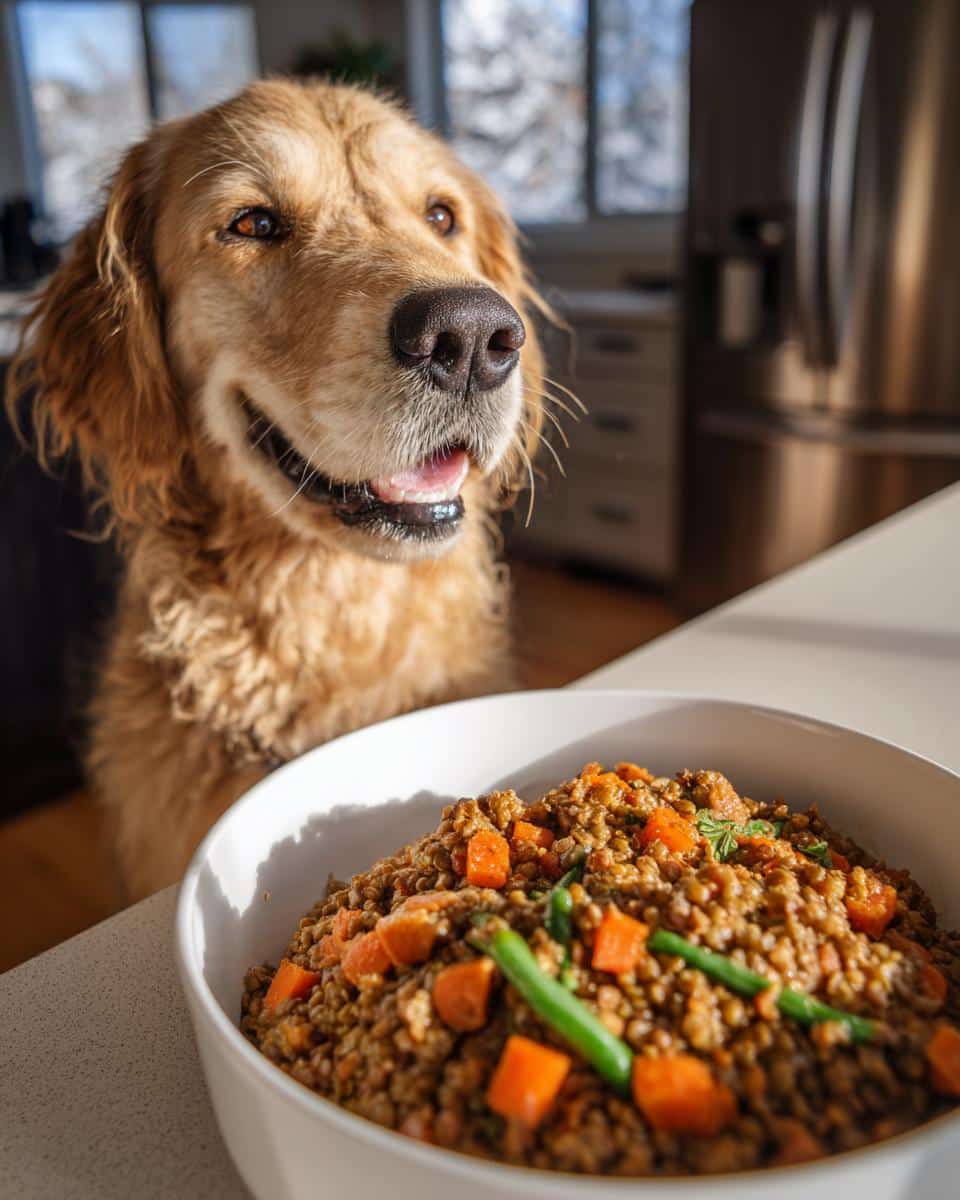 A Golden Retriever looks longingly at a bowl of Crockpot Lentil & Turkey Dog Food.