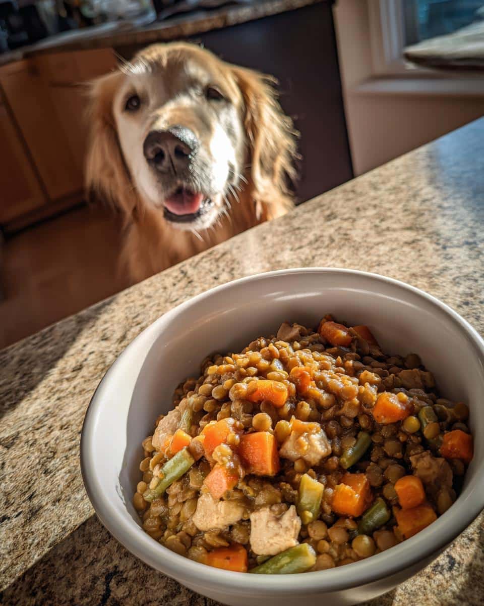 Golden Retriever eagerly awaits a bowl of Crockpot Lentil & Turkey Dog Food, a healthy homemade recipe.