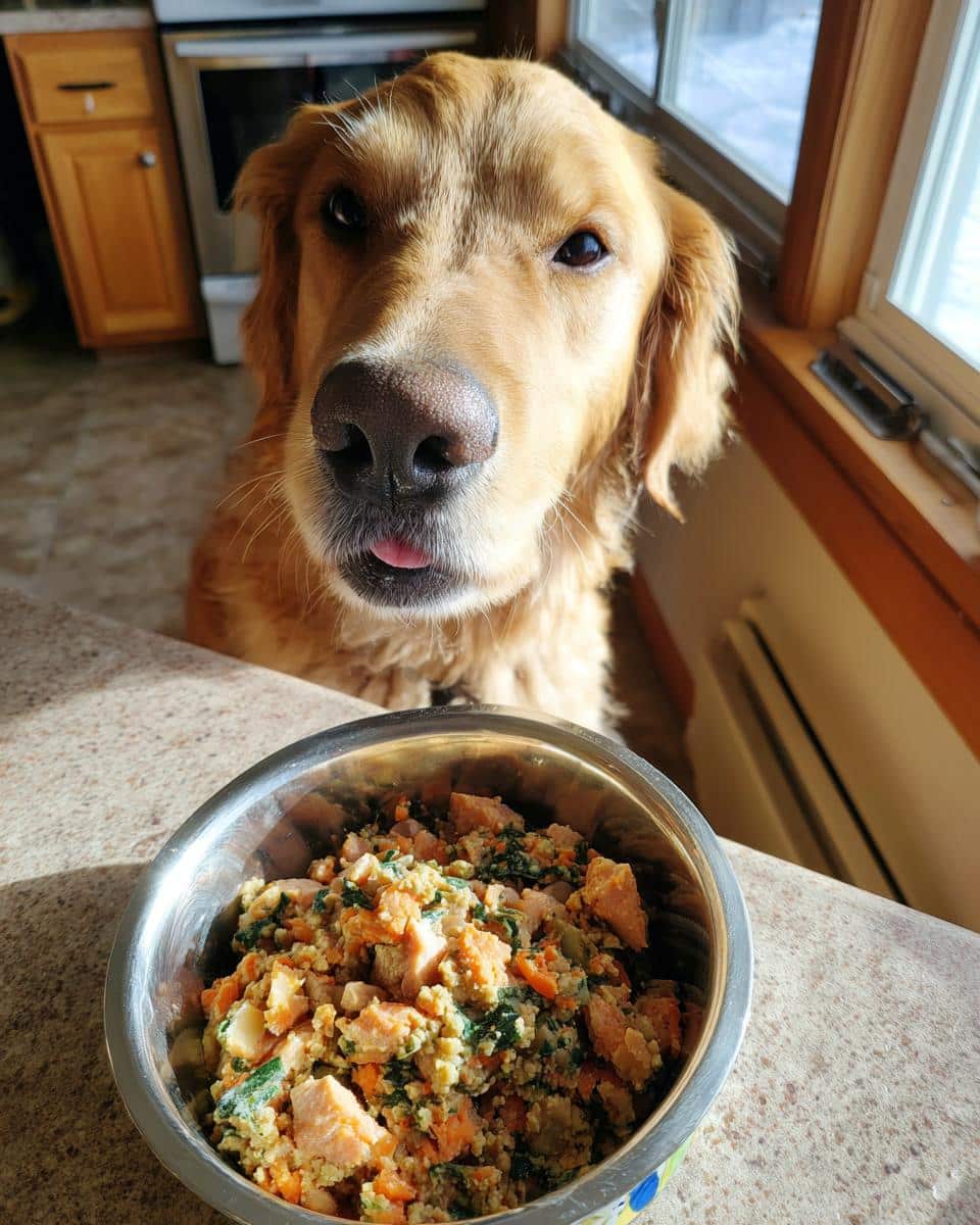 Golden Retriever looking at a bowl of Crockpot Salmon & Veggies Dog Food. Healthy homemade dog food.