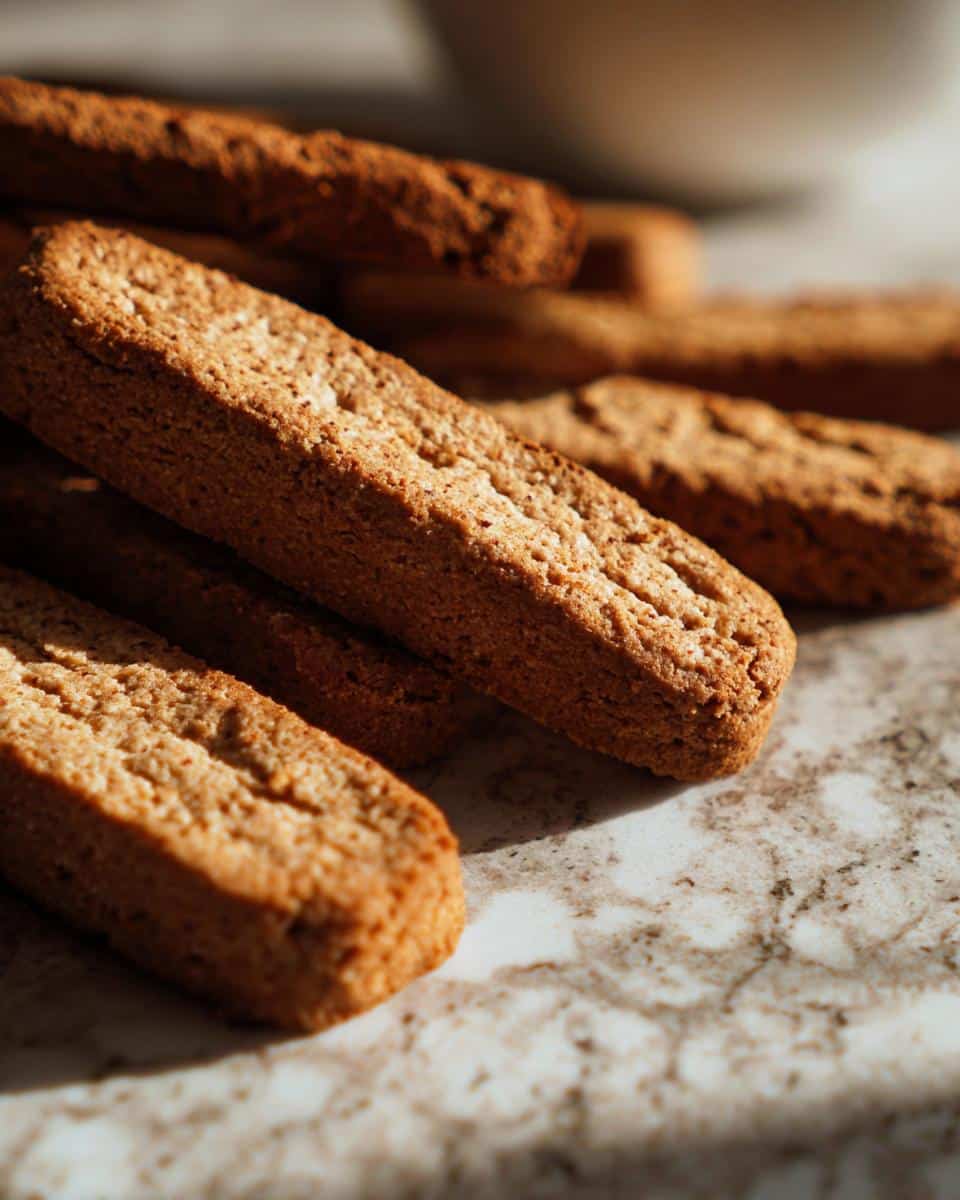 Close-up of baked Cucumber Yogurt Dog Treats Recipe sticks on a marble surface, showing texture and color.