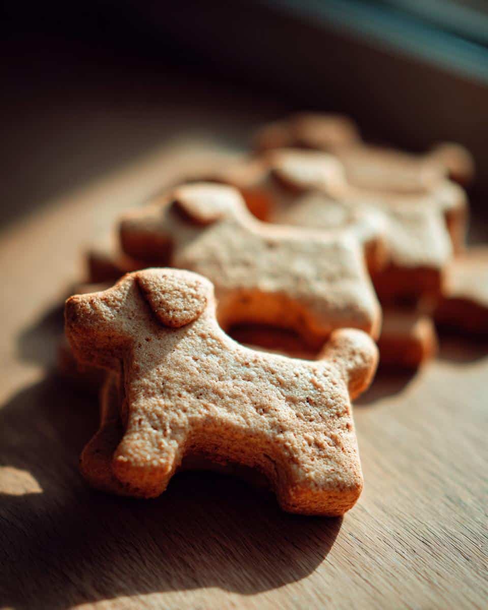 Dog-shaped Cucumber Yogurt Dog Treats stacked on a wooden surface, lit by natural light.