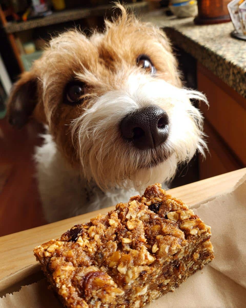 A cute dog gazes longingly at an Apple & Cinnamon Bar. Recipe for Dogs.