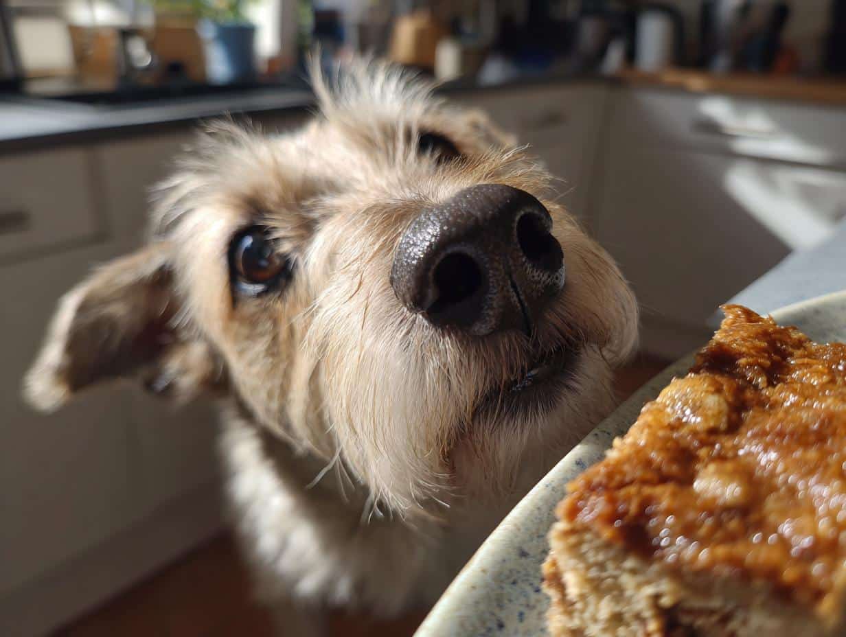 A cute dog looks longingly at a plate of Apple & Cinnamon Bars, ready to enjoy a tasty treat.