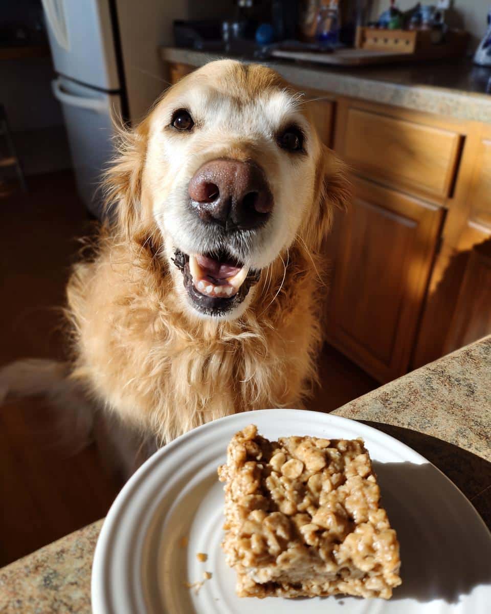 Golden retriever eagerly awaits an Apple Cinnamon Oat Bar. Homemade dog treat on a plate.