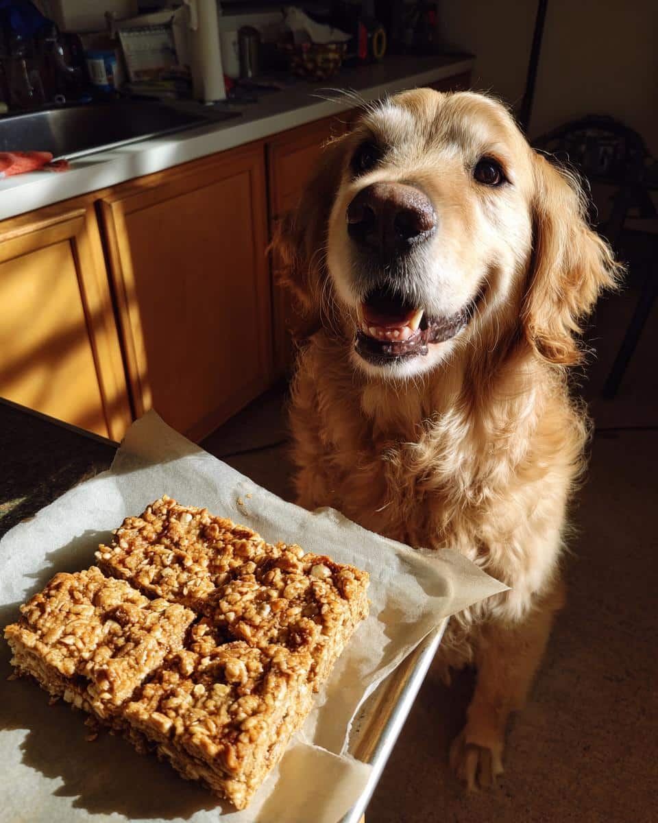 Golden Retriever dog looking happily at Apple Cinnamon Oat Bars – Recipe for Dogs on a baking sheet.