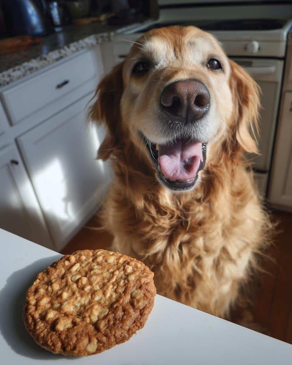 Golden Retriever eagerly awaits an Apple & Oat Cookie. Focus on the dog treat and happy dog.