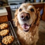Golden retriever dog looking eagerly at a batch of freshly baked Apple & Oat Cookies on a cooling rack.