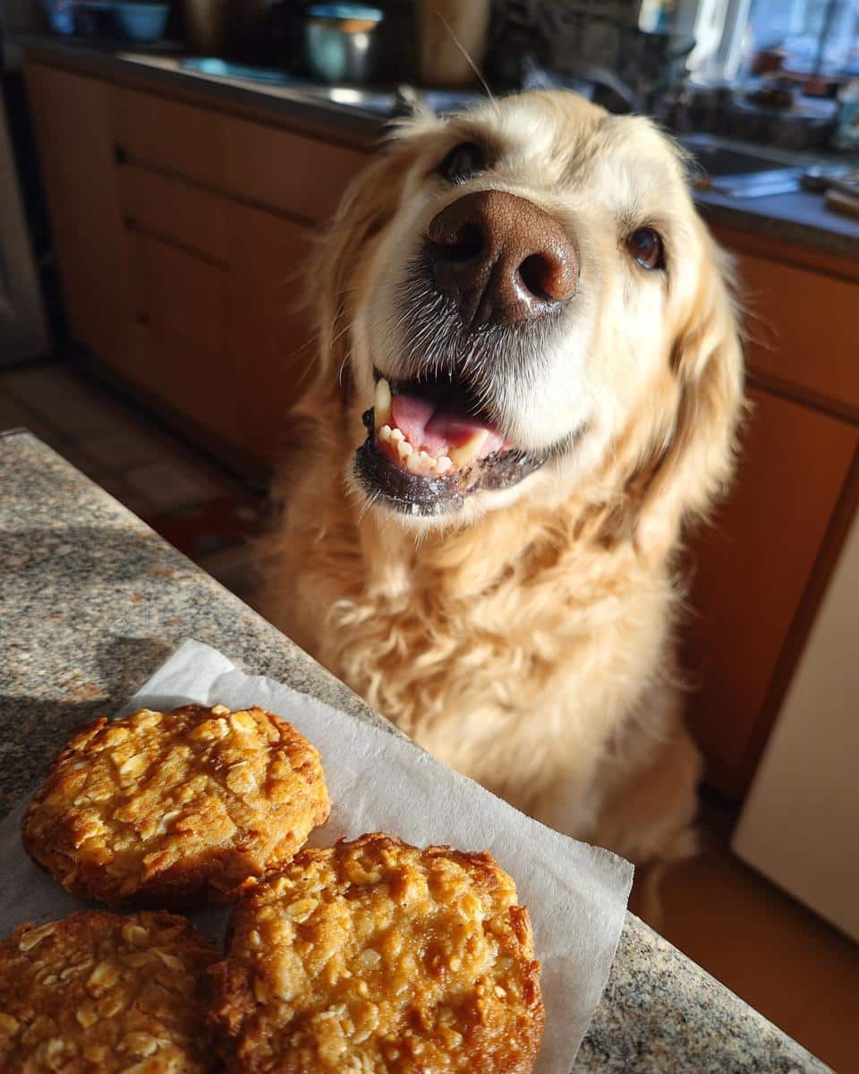 Golden Retriever looking eagerly at Apple & Oat Cookies. Recipe for Dogs.