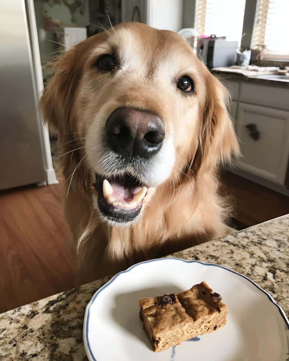 Golden Retriever dog eagerly awaits Apple & Oat Cookies on a plate. Recipe for Dogs.
