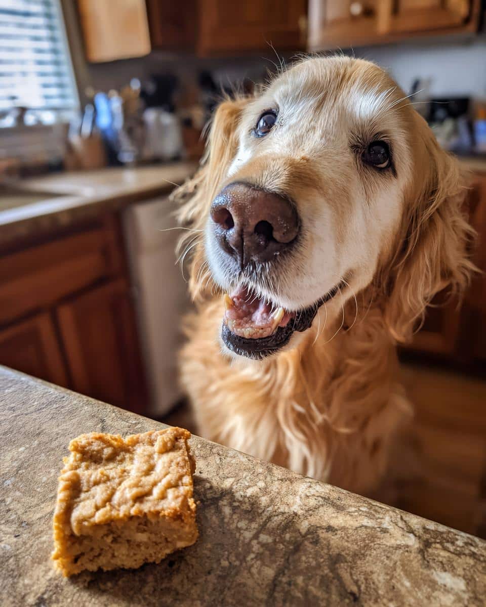 Golden retriever dog eagerly awaits an Apple & Oat Cookie. Homemade dog treat on the counter.