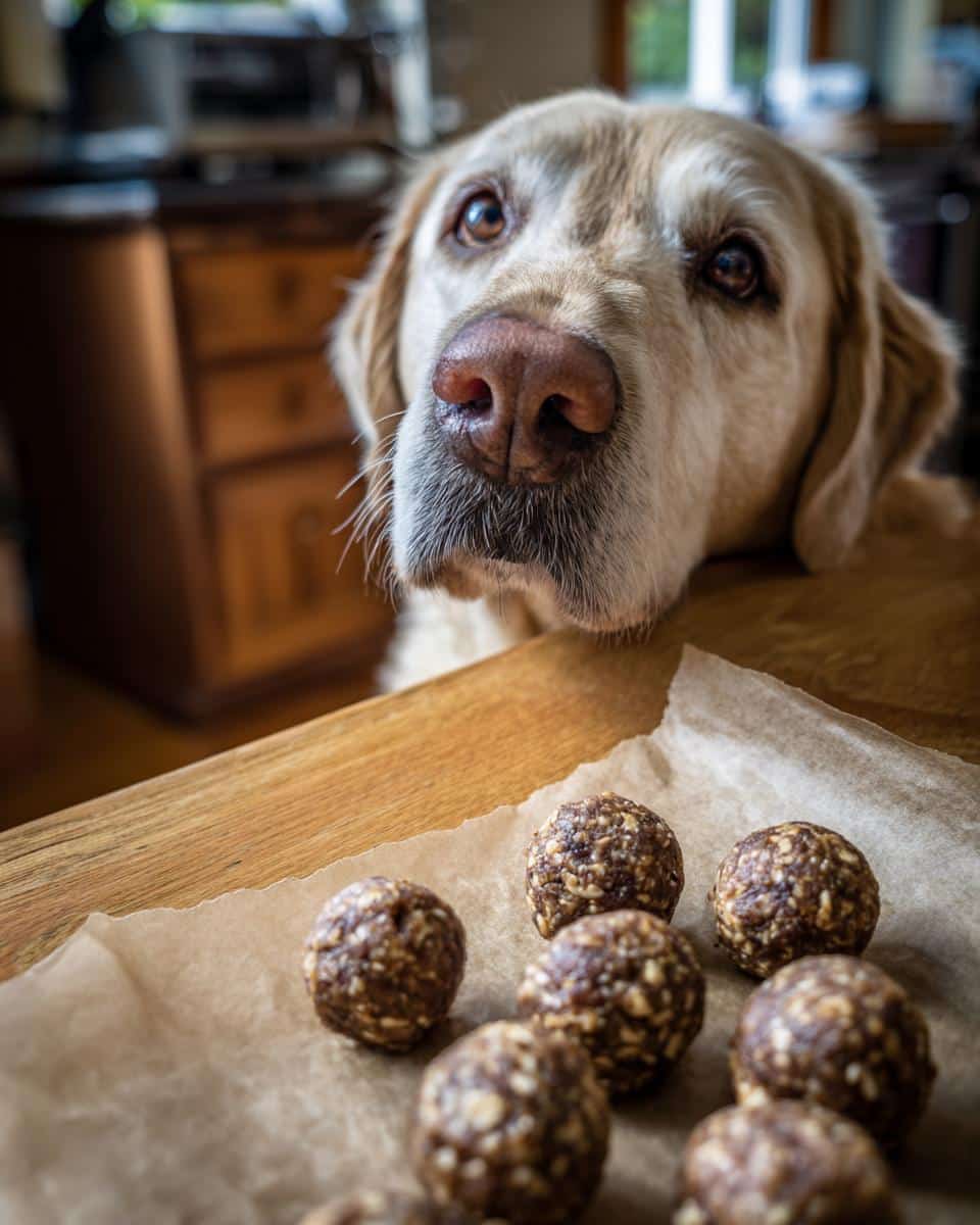 A cute dog longingly looks at a batch of Apple Oatmeal Energy Balls ready to be eaten.