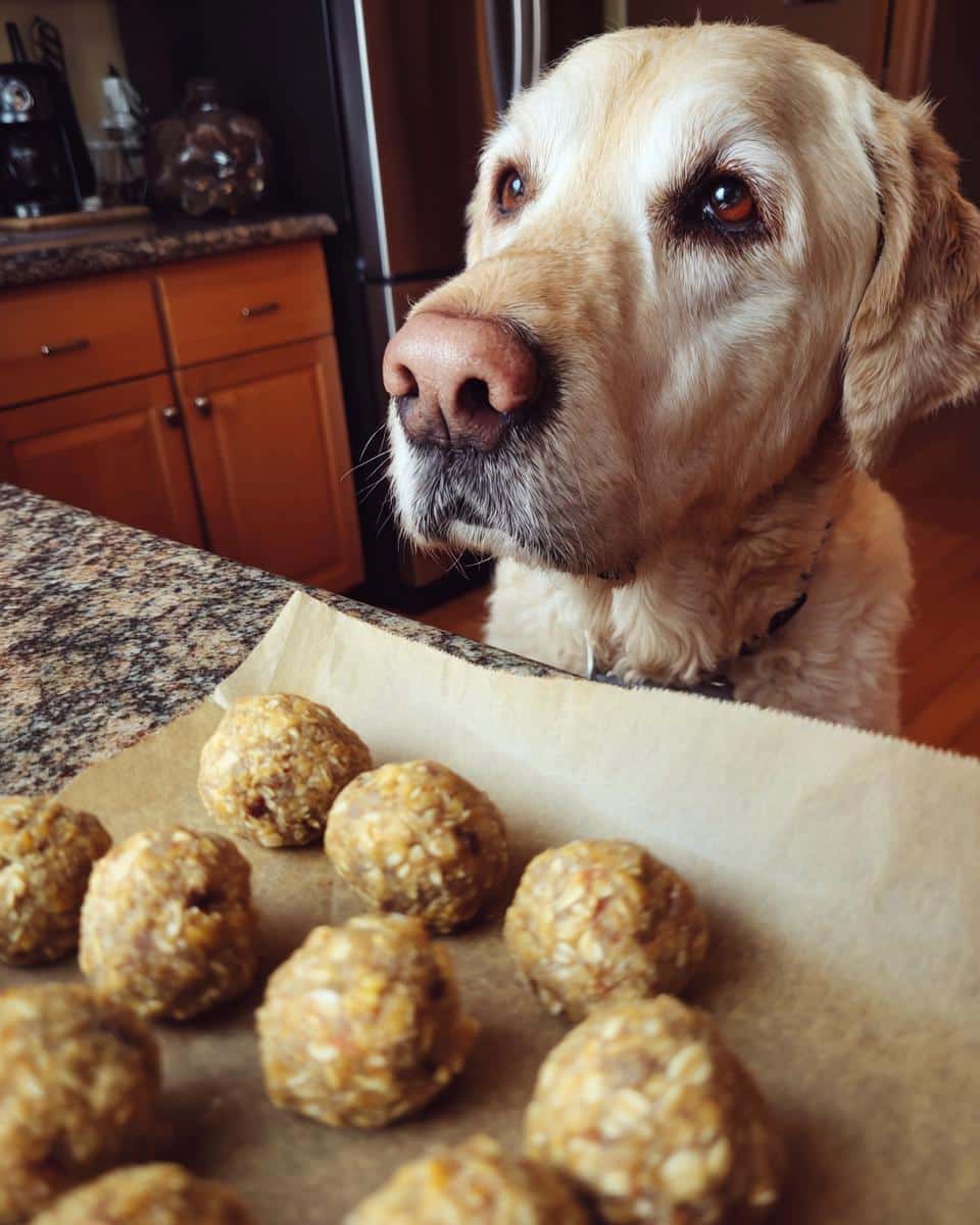 Golden retriever looking longingly at a tray of Apple Oatmeal Energy Balls – Recipe for Dogs.