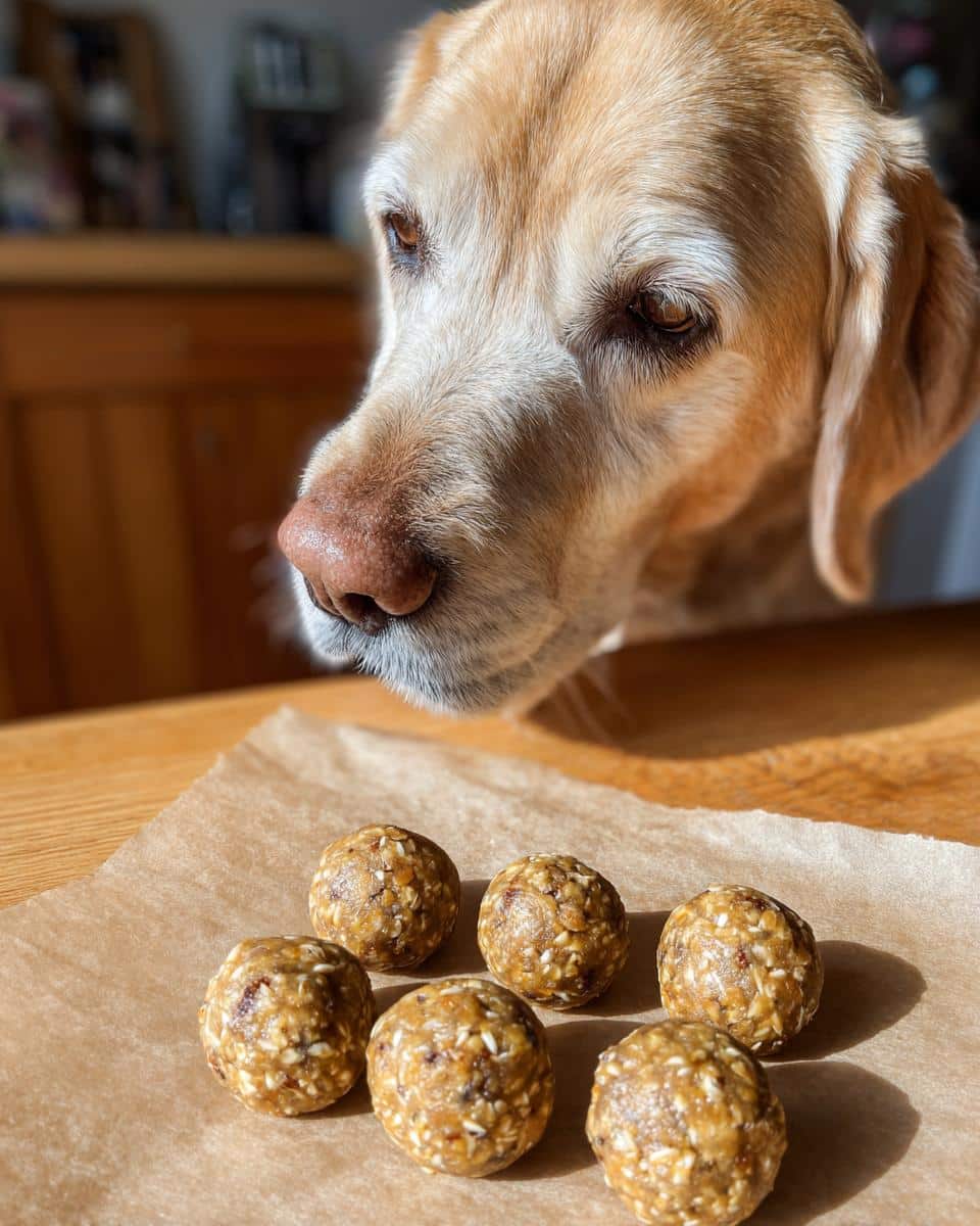 A golden labrador gazes longingly at a batch of Apple Oatmeal Energy Balls for dogs on a wooden table.