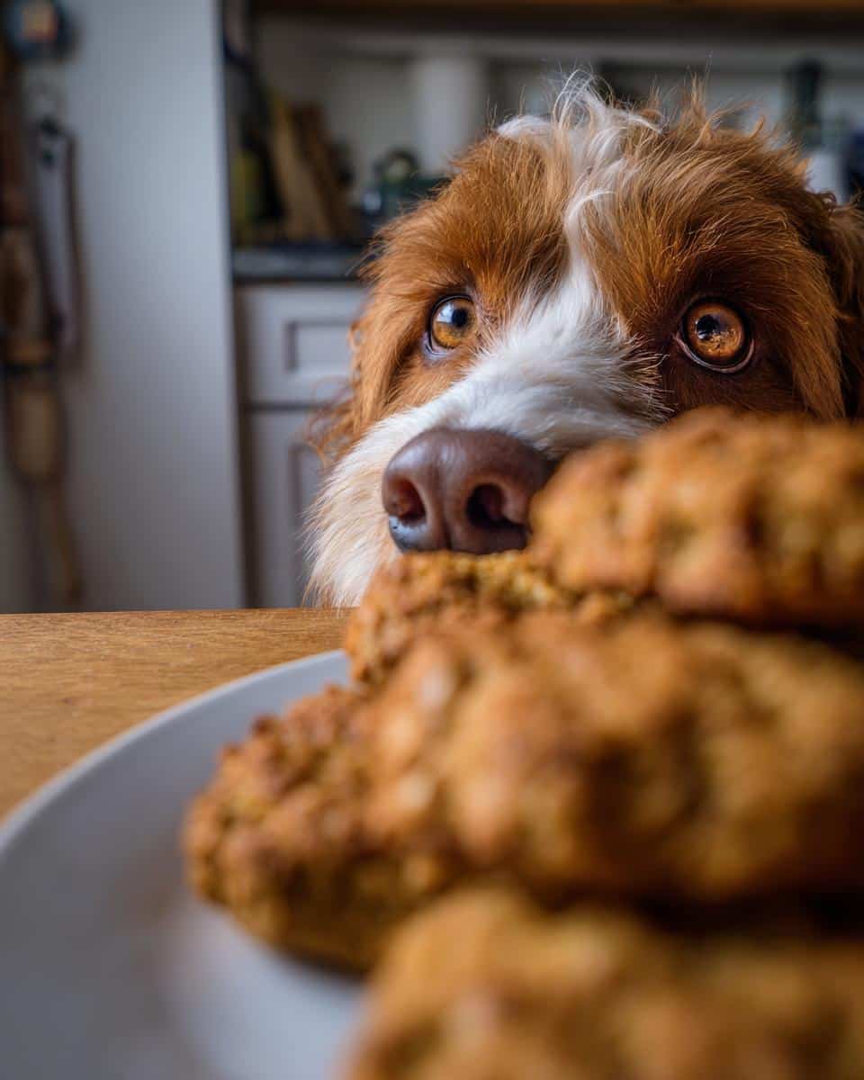 Dog longingly stares at a stack of Applesauce Oat Dog Treats on a plate, hoping for a taste.