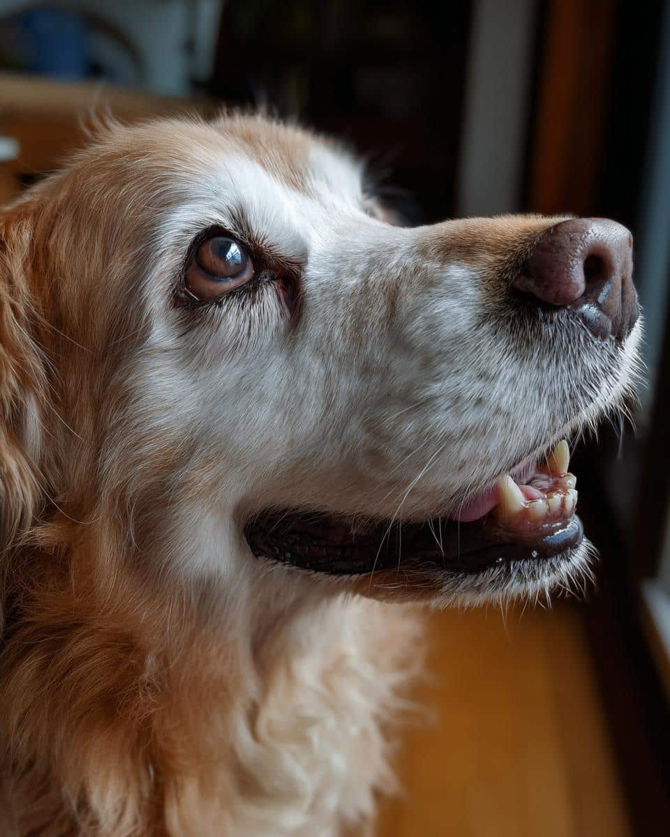 Close-up of a golden retriever looking up, anticipating Crockpot Salmon & Veggies Dog Food.