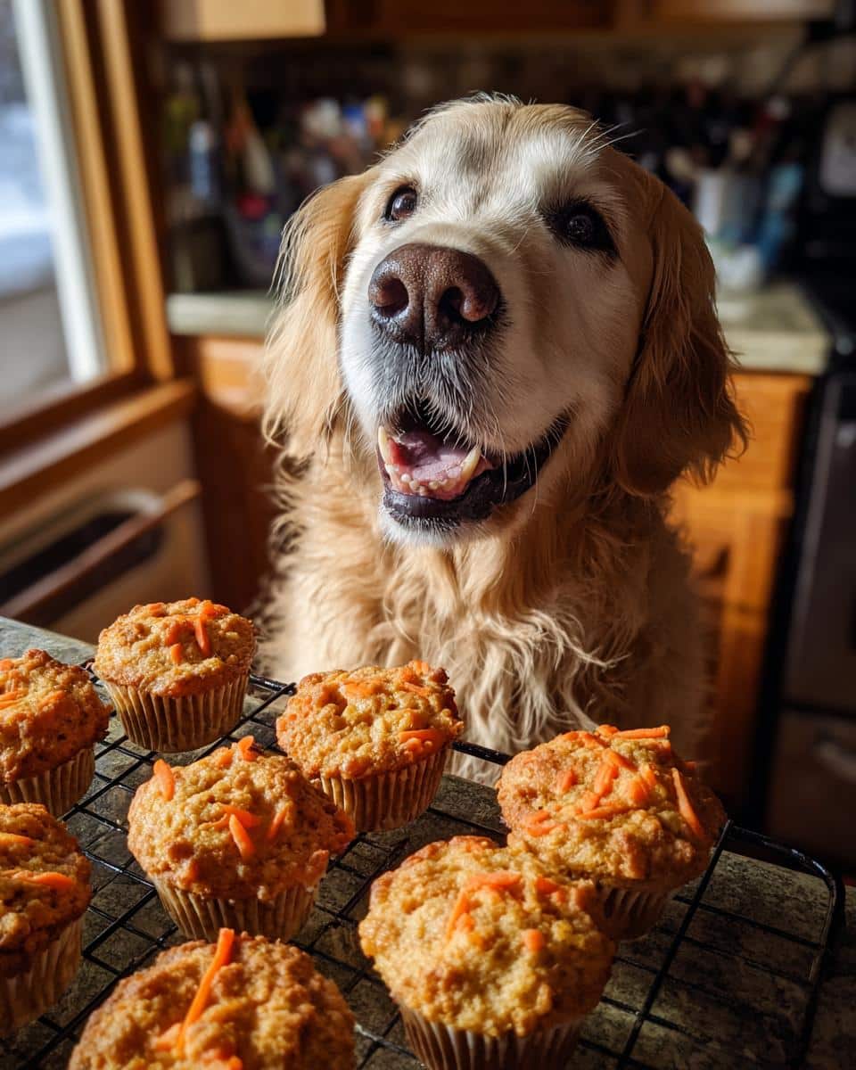 Happy golden retriever dog looking at a batch of freshly baked Banana Carrot Muffins – Recipe for Dogs.