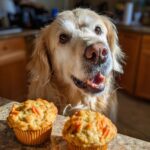 Golden retriever looking at Banana Carrot Muffins – Recipe for Dogs, on a kitchen counter.