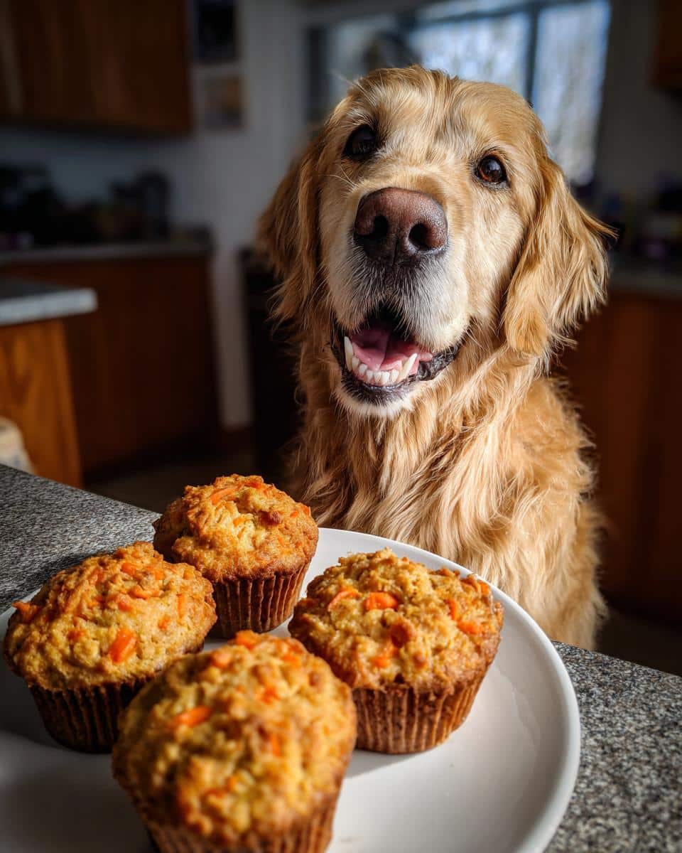 Golden Retriever dog looking at a plate of homemade Banana Carrot Muffins – Recipe for Dogs.