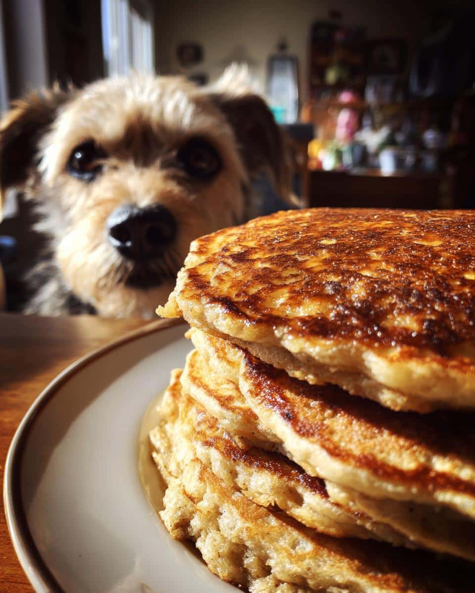 A cute dog looks longingly at a stack of Banana Oat Pancakes, part of a recipe for dogs.