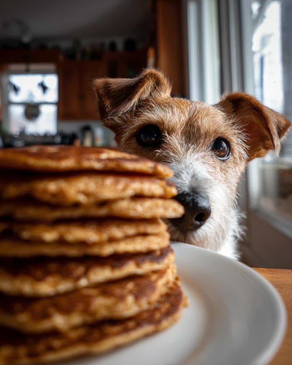 A cute terrier dog stares longingly at a stack of Banana Oat Pancakes, ready for a tasty treat.