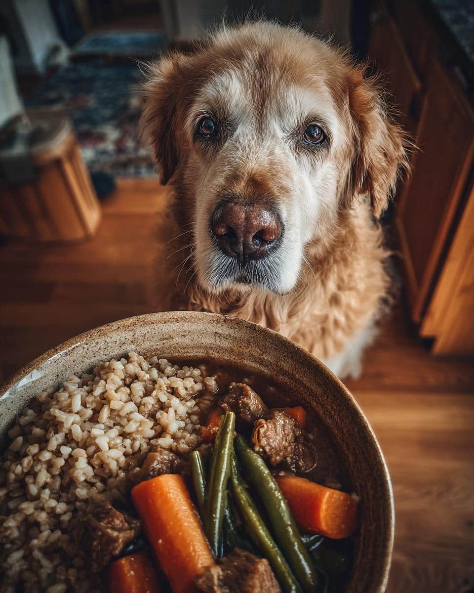 Golden retriever dog looking at a bowl of Beef & Barley Stew – Recipe for Dogs with beef, carrots, green beans, and barley.