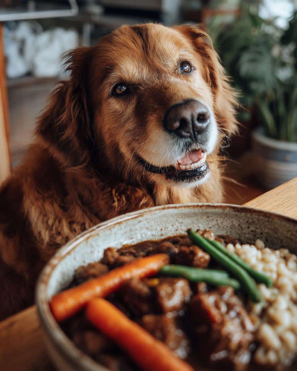 Golden retriever looking at a bowl of Beef & Barley Stew – Recipe for Dogs with carrots, green beans, and barley.