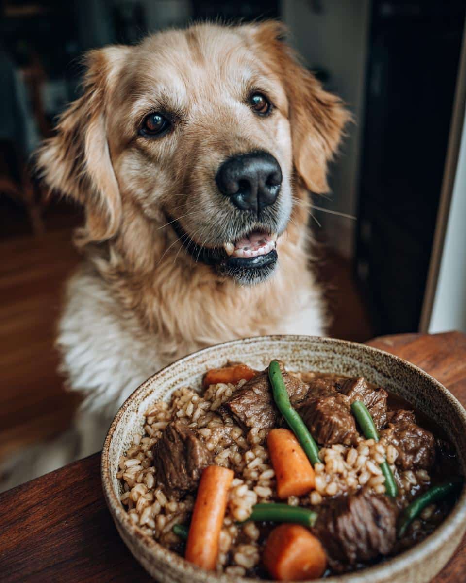 Golden retriever dog looking longingly at a bowl of Beef & Barley Stew. Carrots and green beans are visible.