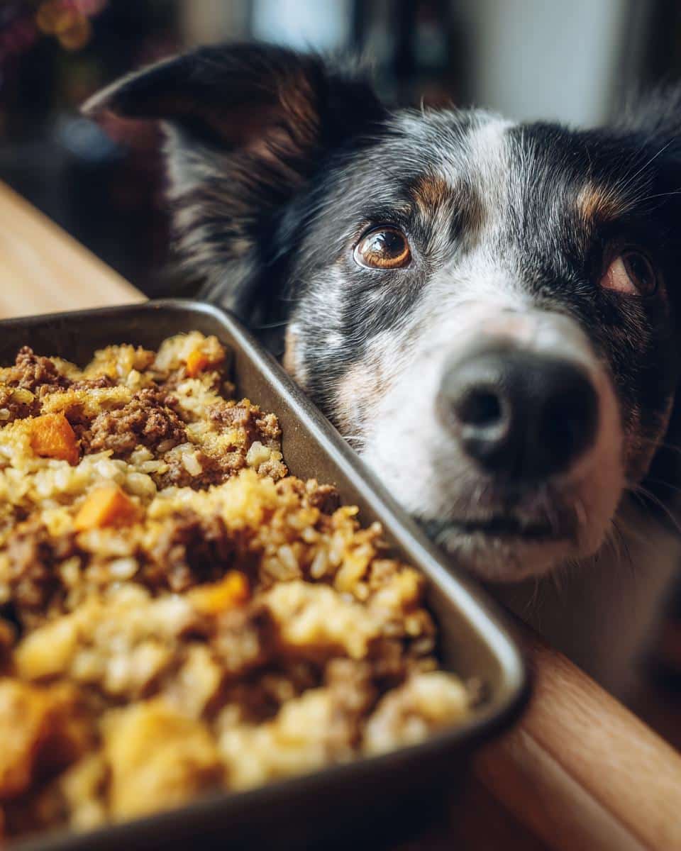 A dog longingly gazes at a pan of Beef & Brown Rice Casserole, a recipe made for dogs.