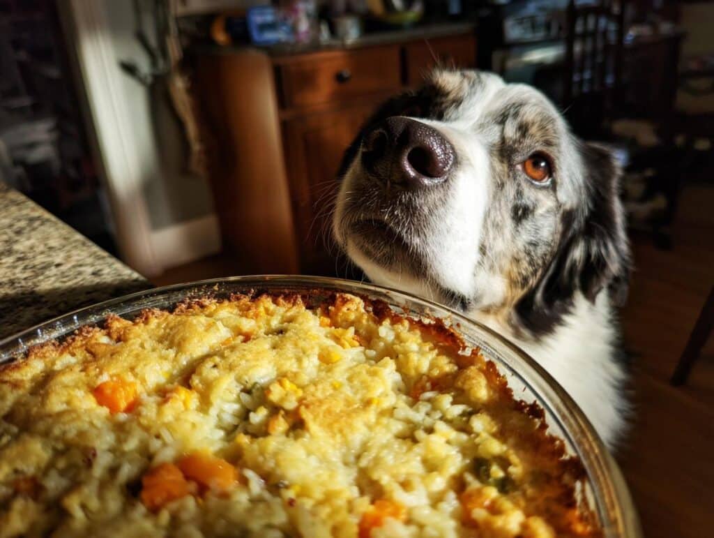 Dog looking longingly at a Beef & Brown Rice Casserole, a recipe made especially for dogs.