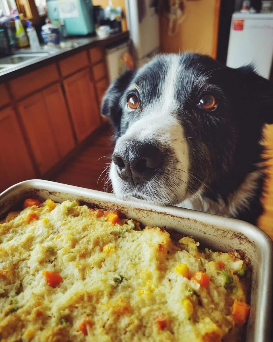 A dog gazes longingly at a pan of Beef & Brown Rice Casserole, a homemade recipe for dogs.