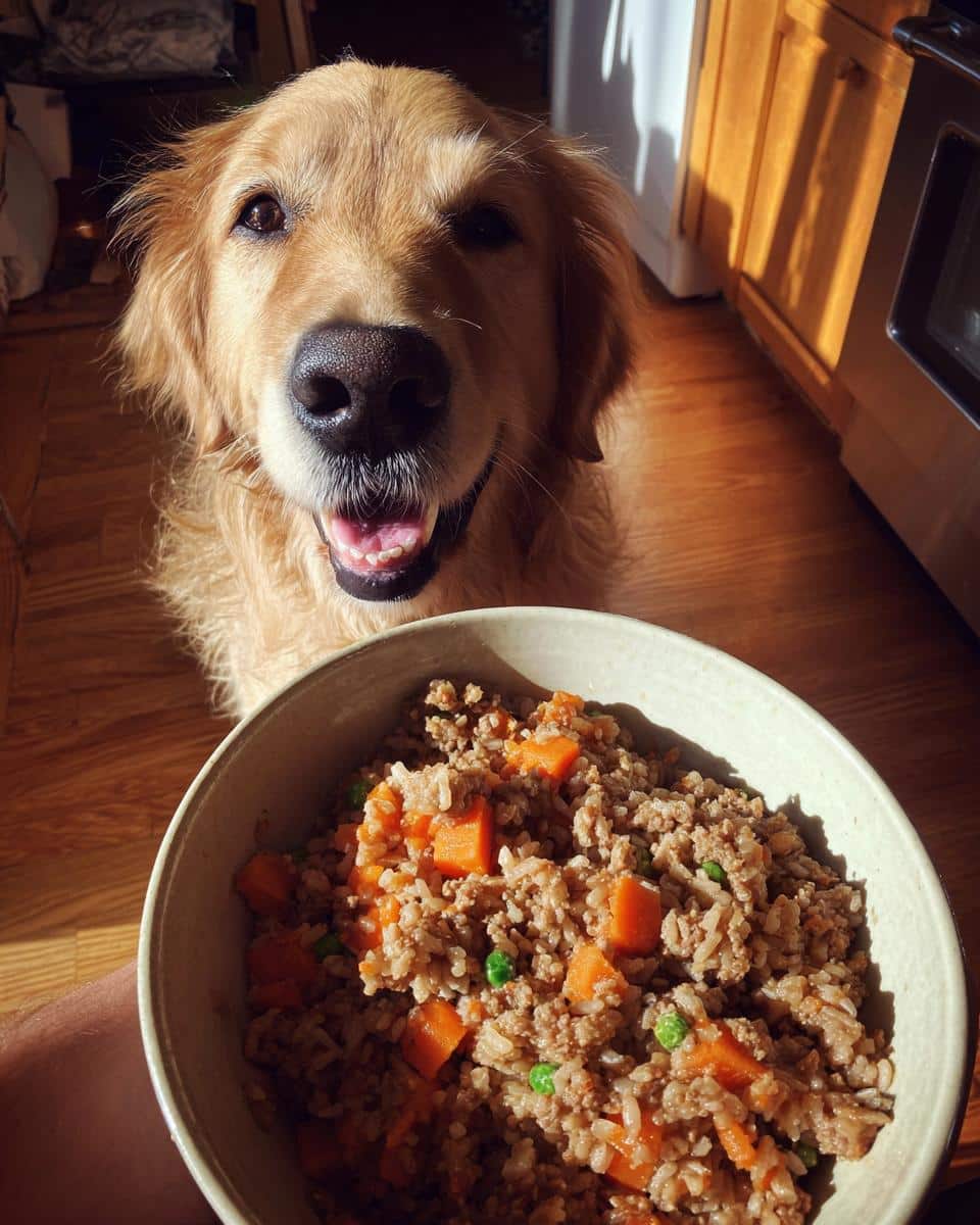Golden retriever looking at a bowl of Beef & Carrot Healthy Dog Food with anticipation.