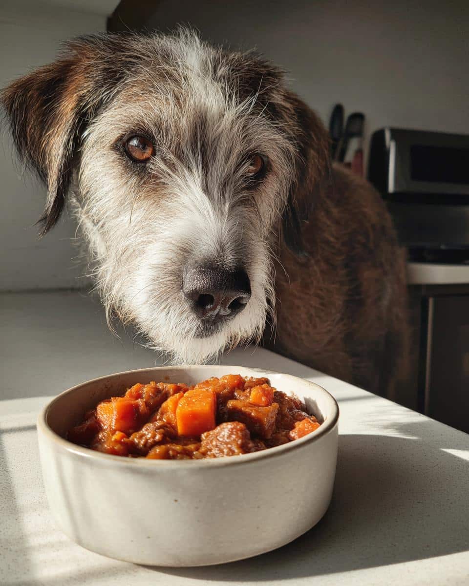 A dog looks longingly at a bowl of Beef & Sweet Potato Stew – Recipe for Dogs.