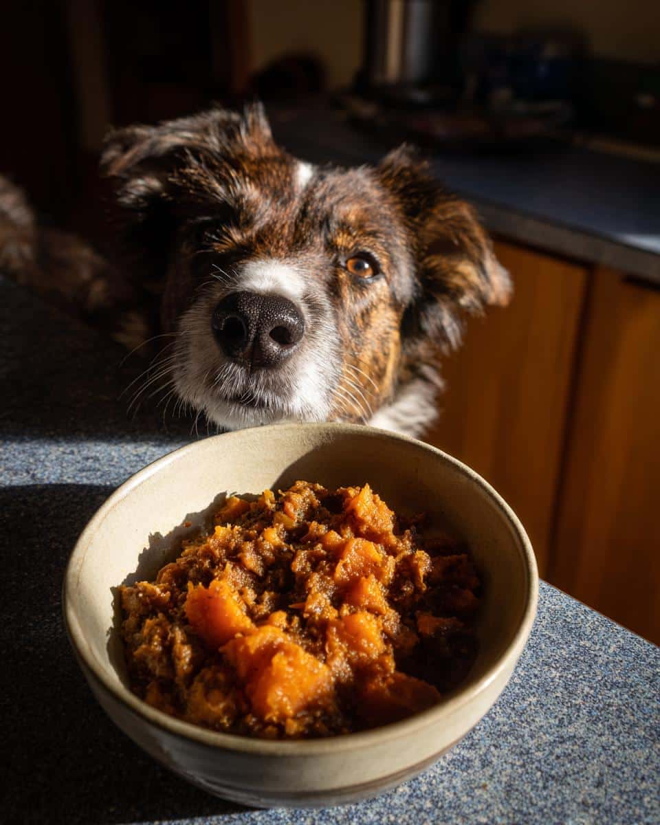 Dog looking longingly at a bowl of Beef & Sweet Potato Stew – Recipe for Dogs.