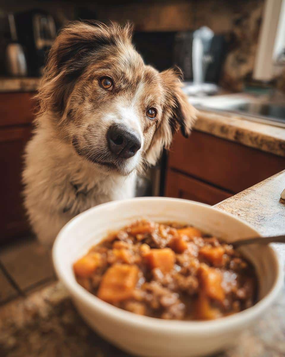Dog gazes longingly at a bowl of Beef & Sweet Potato Stew, a tempting homemade recipe for dogs.