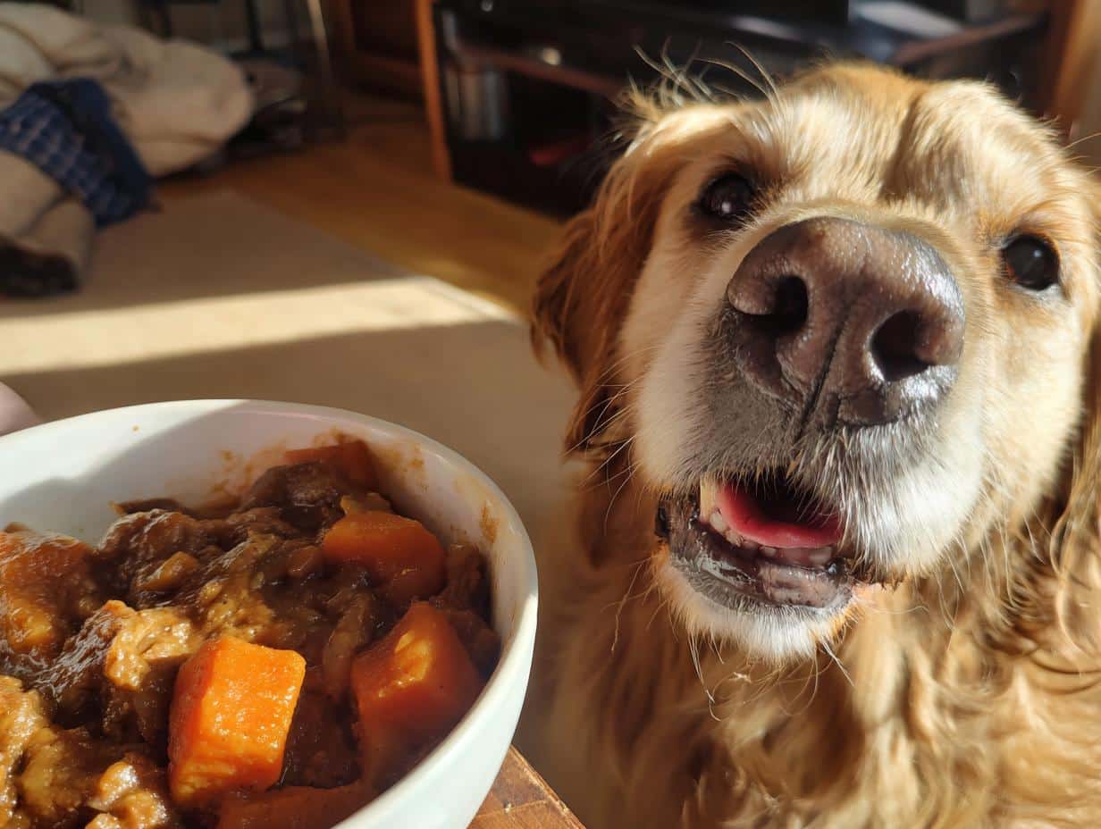 Golden retriever dog looking excitedly at a bowl of Beef & Sweet Potato Stew for Dogs.