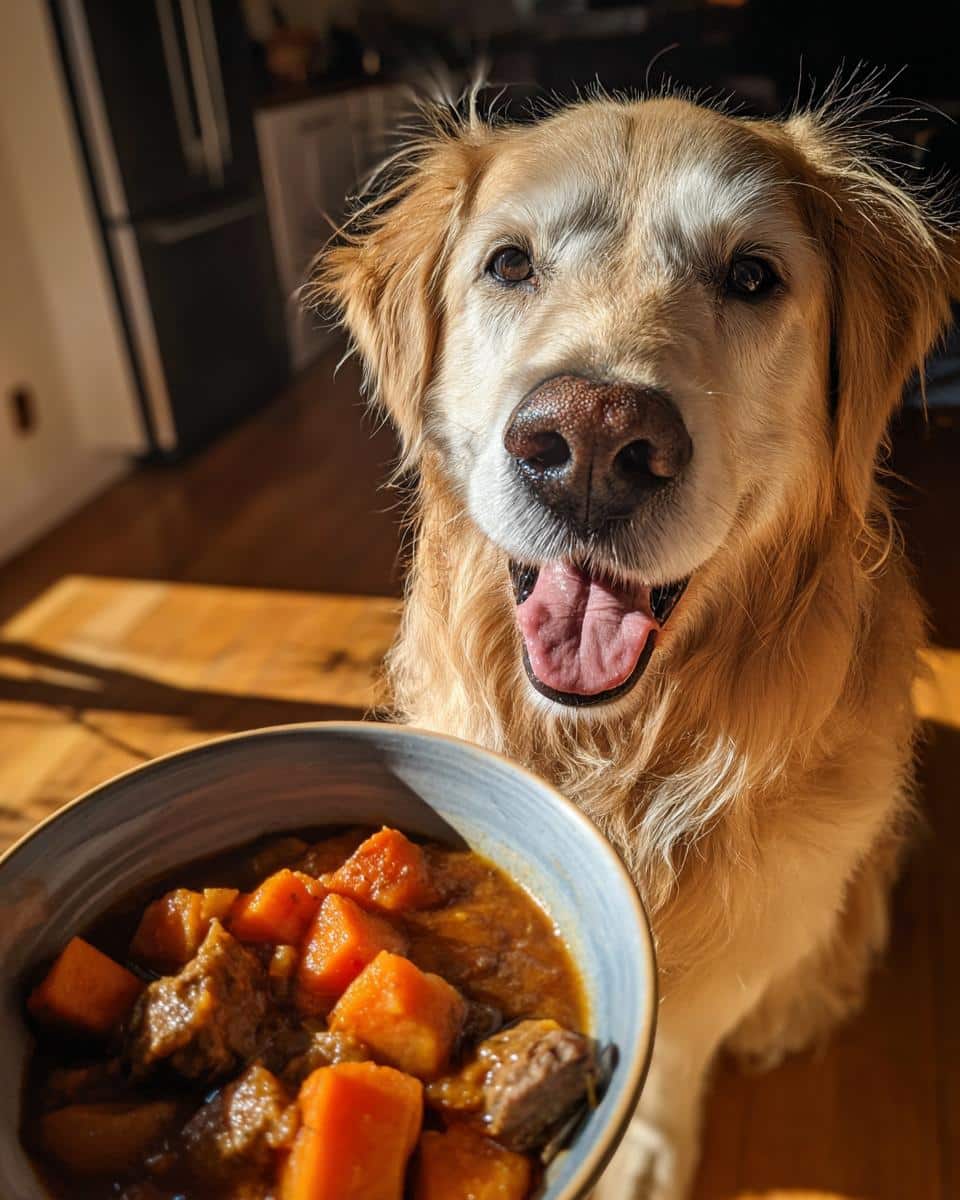 Golden retriever looking happily at a bowl of Beef & Sweet Potato Stew for Dogs.