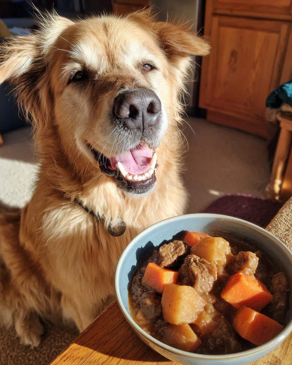 Golden Retriever dog looking at a bowl of Beef & Sweet Potato Stew. The dog is smiling and eager to eat.