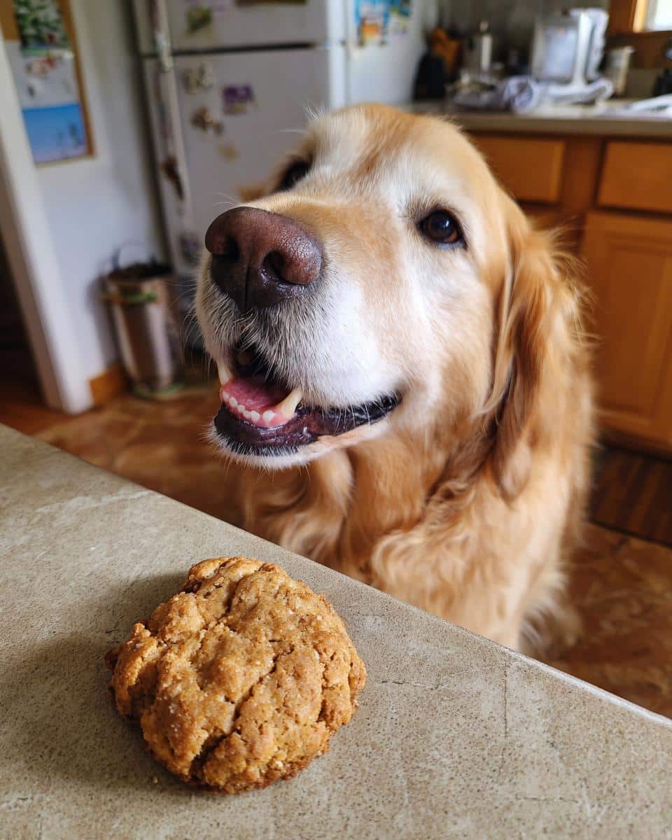 Golden retriever looking at a homemade Beet & Apple Biscuit. Recipe for Dogs.