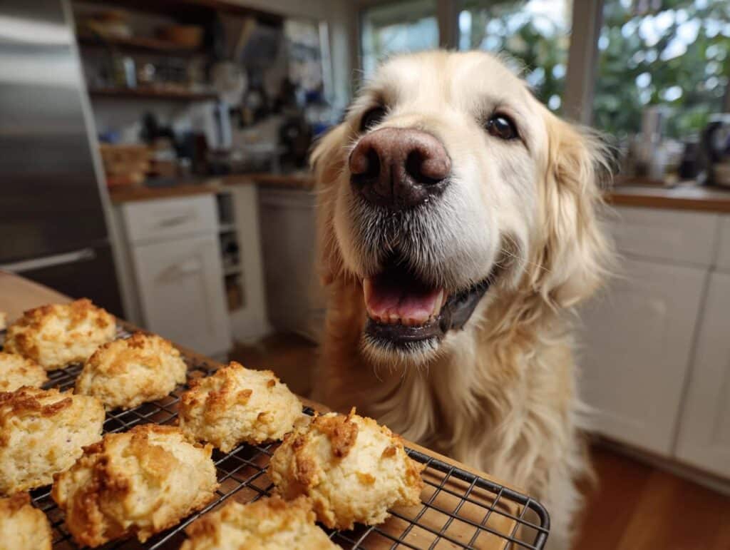 Golden Retriever dog eagerly looking at a batch of freshly baked Beet & Apple Biscuits for dogs on a cooling rack.