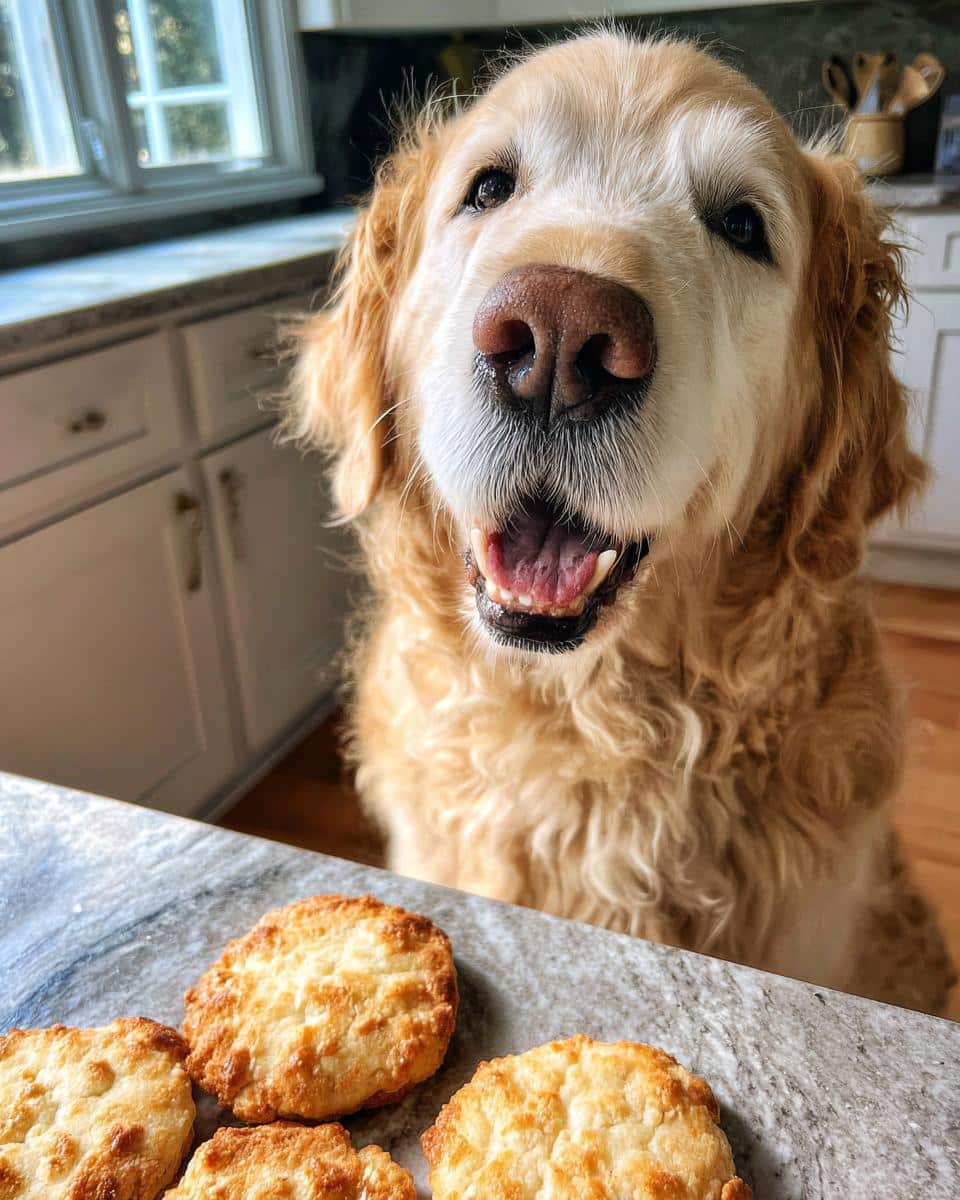 Golden Retriever looking eagerly at Beet & Apple Biscuits. The dog is smiling, ready to enjoy the treats.