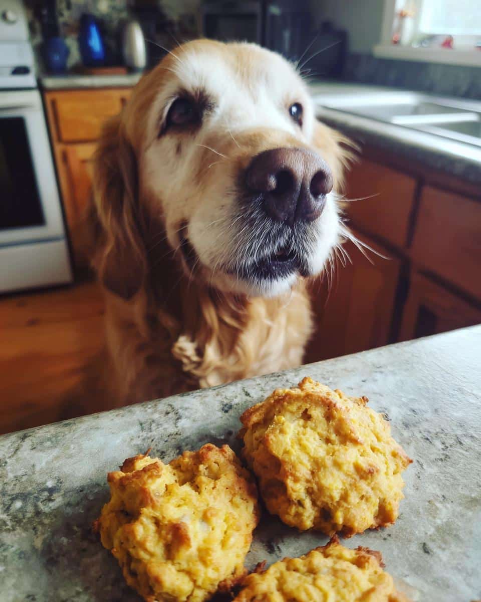 Golden retriever looking longingly at Beet & Apple Biscuits made for dogs on a kitchen counter.