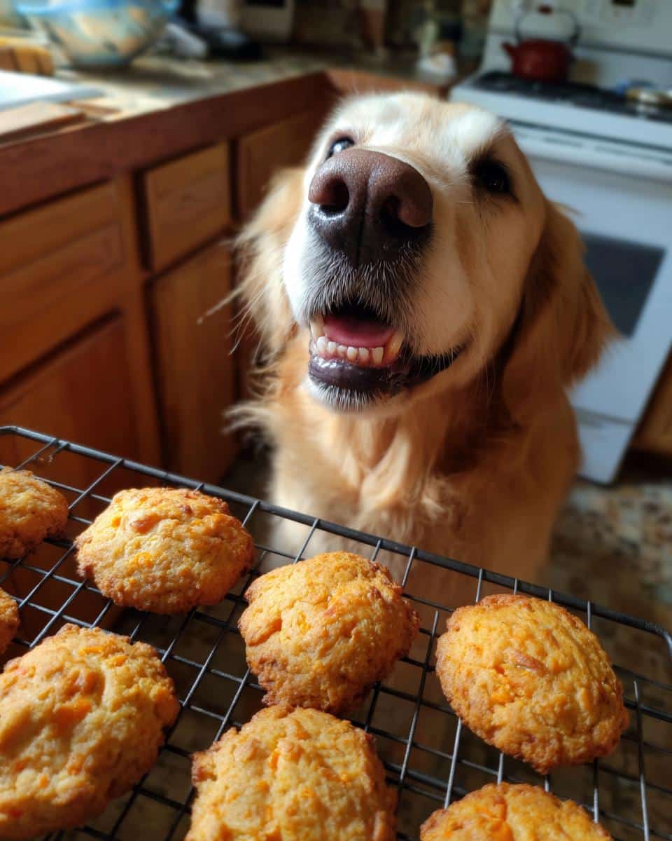 Golden retriever looking eagerly at a cooling rack of Beet & Apple Biscuits – Recipe for Dogs.