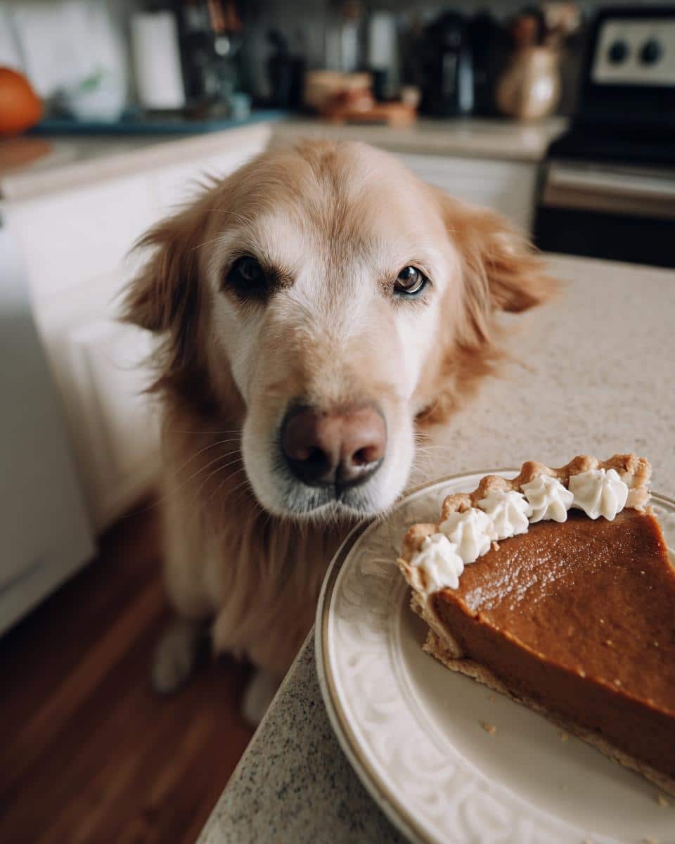 Golden retriever dog looking longingly at a slice of pumpkin pie, hoping for Pumpkin Pie Bites.