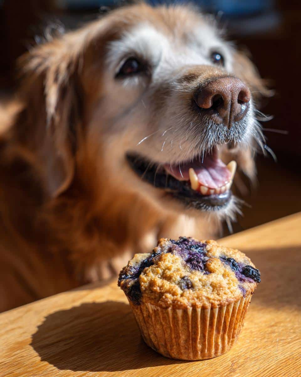 Golden Retriever dog eagerly awaits a Blueberry Coconut Muffin. Focus on the muffin.