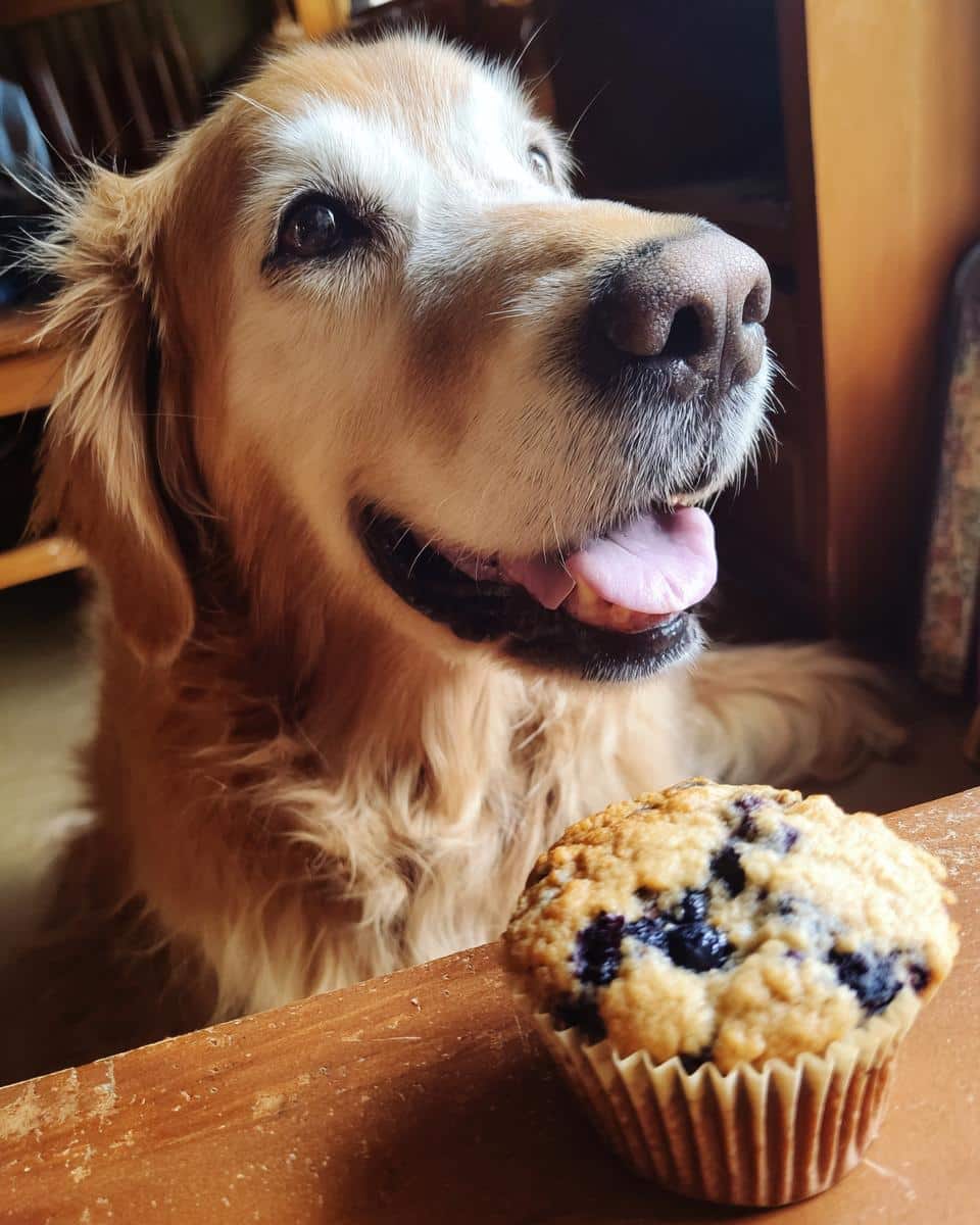 Golden Retriever dog looking at a Blueberry Coconut Muffin. Recipe for Dogs.