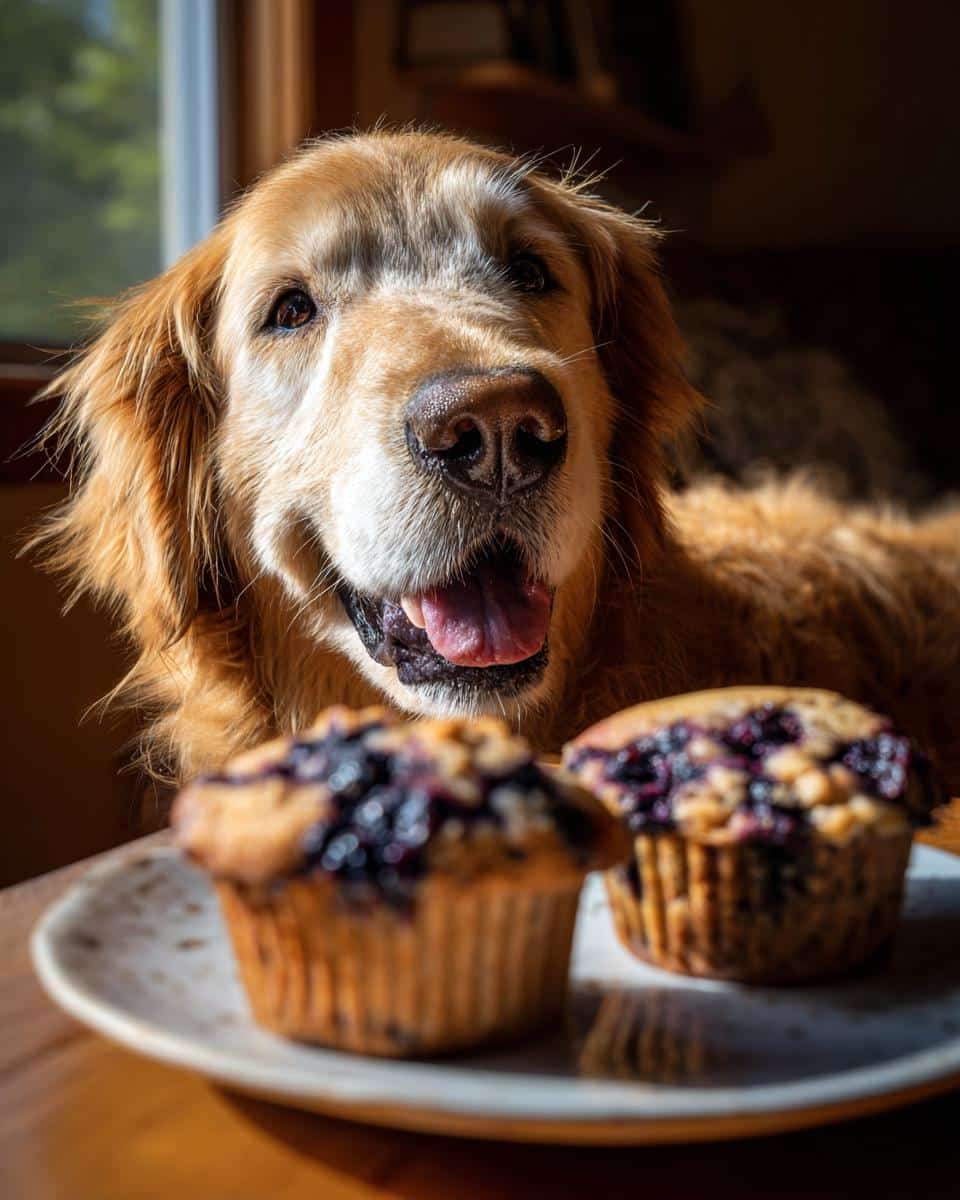 Golden Retriever looking at Blueberry Coconut Muffins. Recipe for Dogs. 