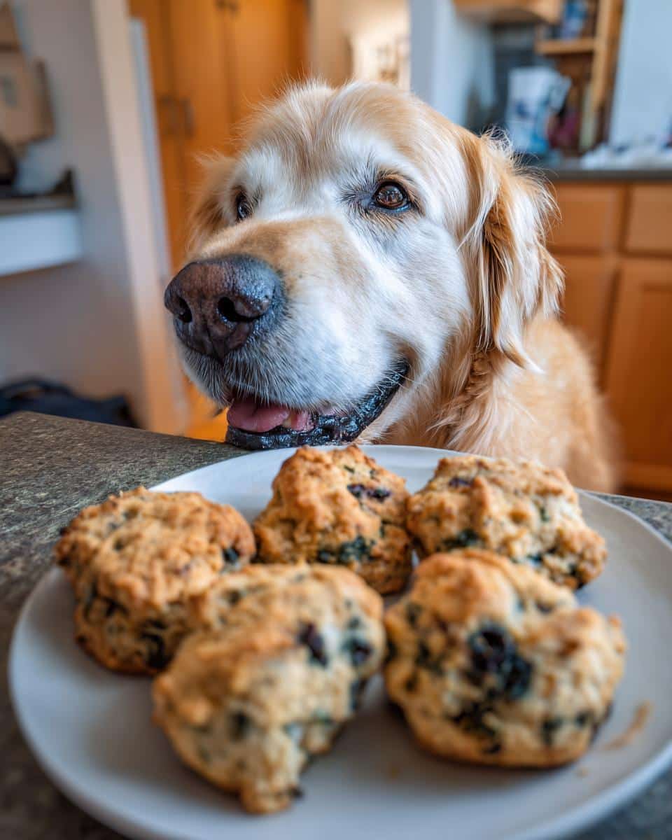 Golden Retriever looking at a plate of Blueberry Spinach Biscuits. Dog treats recipe.
