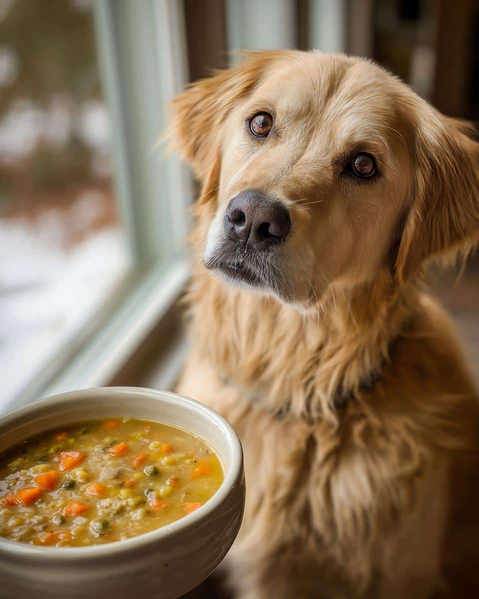 Golden retriever dog looking at a bowl of food, not Frozen Strawberry Yogurt Pops, by a window.