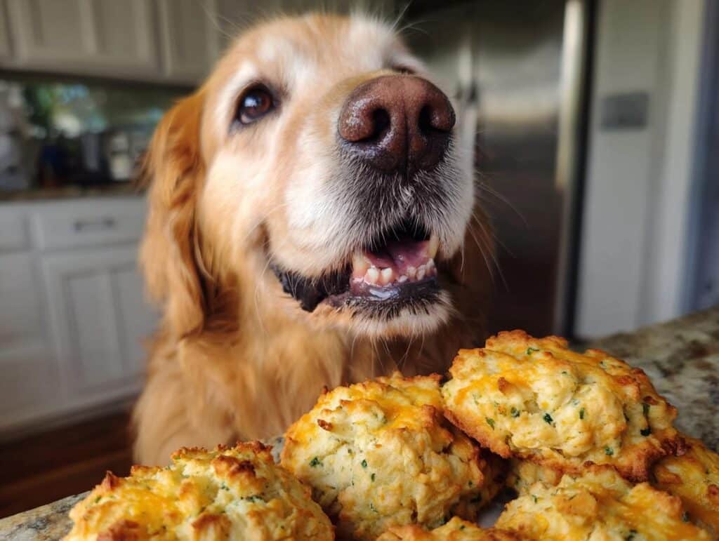 Golden Retriever looking at a pile of Broccoli Cheddar Biscuits – Recipe for Dogs.