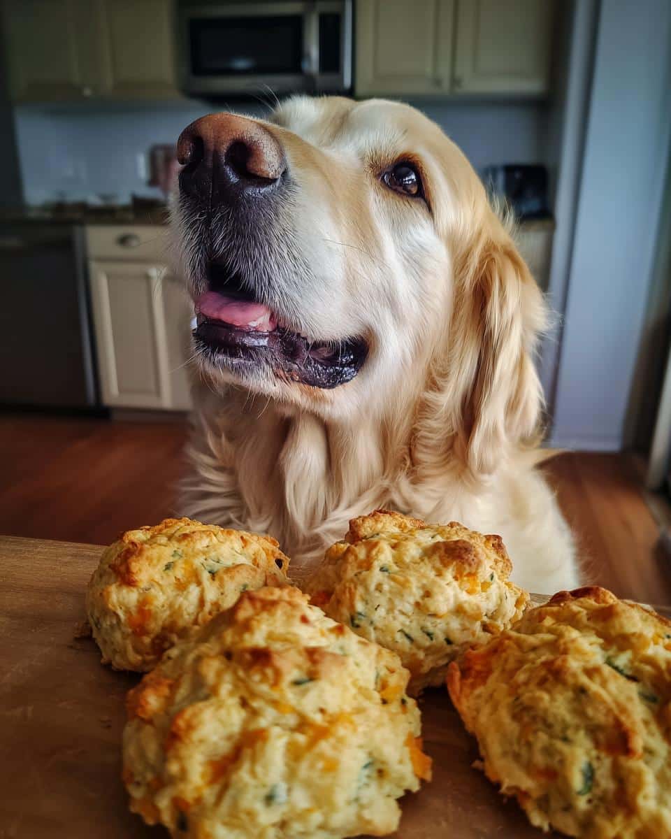Golden Retriever looking longingly at a batch of Broccoli Cheddar Biscuits – Recipe for Dogs.